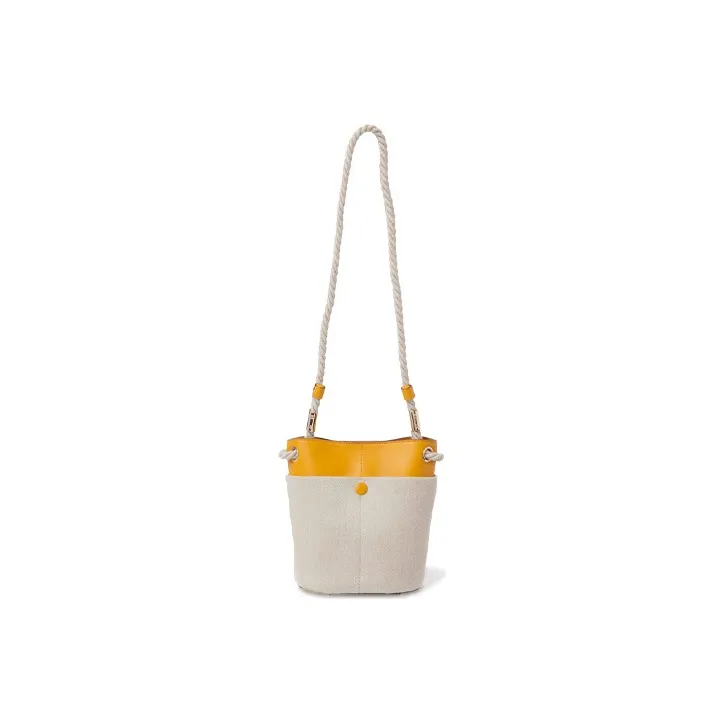 Chloe Key Linen With Calfskin Bucket Bag, Shoulder Bag, Crossbody Bag Small Size Women's Sunflower Yellow/Beige-1