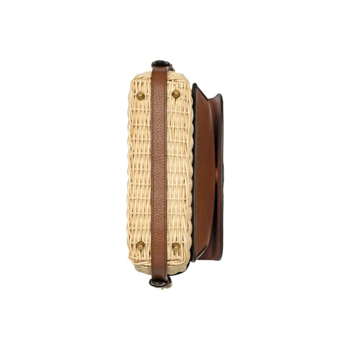GUCCI Wicker Patchwork Leather Messenger Bag Shoulder Bag Crossbody Bag Small Size Unisex Brown & Beige-5