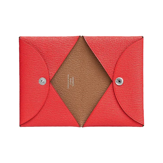 HERMES Calvi Mysore Goat Skin Wallet Coin Purse Card Holder Women's Texas Pink/Juniper Wood Color-1