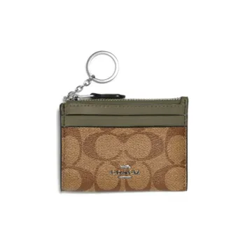 COACH Mini Id Skinny Leather Patchwork PVC Key Pouches Card Holders Mini Unisex Olive Green With Brown Monogram