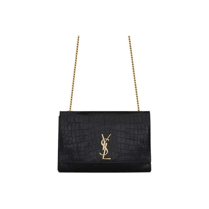 SAINT LAURENT KATE Crocodile Pattern Embossed Cow Leather Shoulder Bag Crossbody Bag Medium Size Women's Black/Brick-0