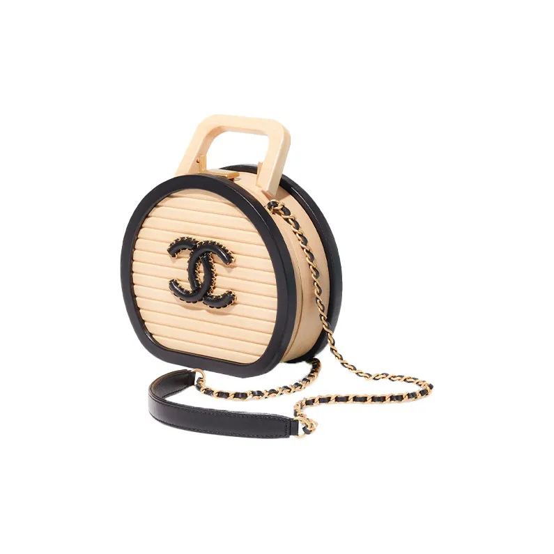 CHANEL With Sheepskin Coin Purse Wooden Box Storage Box Women's Black With Beige-1