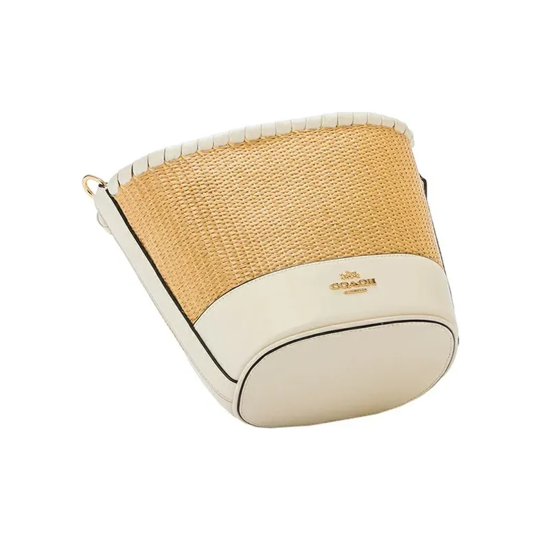 COACH Straw Leather Bucket Bag Portable One Shoulder Crossbody Grass Bag Small Size Women's Ecru-3