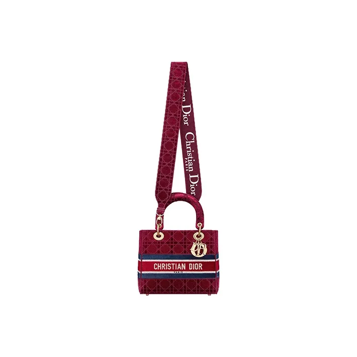 DIOR Lady D-Lite Velvet Daisie Bag Handbag Shoulder Bag Crossbody Bag Medium Size Women's Burgundy-4