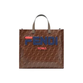 FENDI FILA Collaboration Coated Canvas With Leather Tote Bag Shopping Bag Handbag Unisex Brown