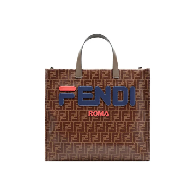 FENDI FILA Collaboration Coated Canvas With Leather Tote Bag Shopping Bag Handbag Unisex Brown-0