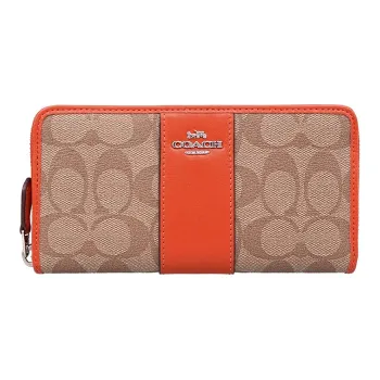 COACH Accordion Zip Canvas With Leather Clutches Wallets Women's Orange Stacked Brown Monogram