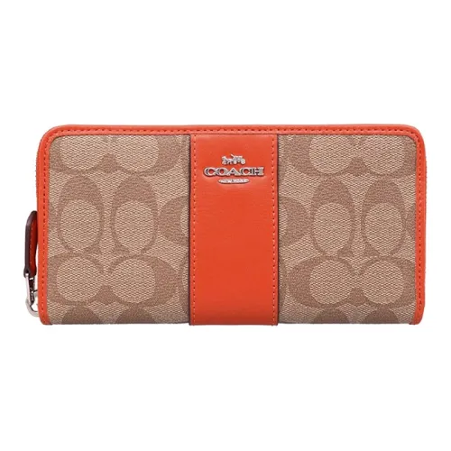 COACH Accordion Zip Canvas With Leather Clutches Wallets Women's Orange Stacked Brown Monogram