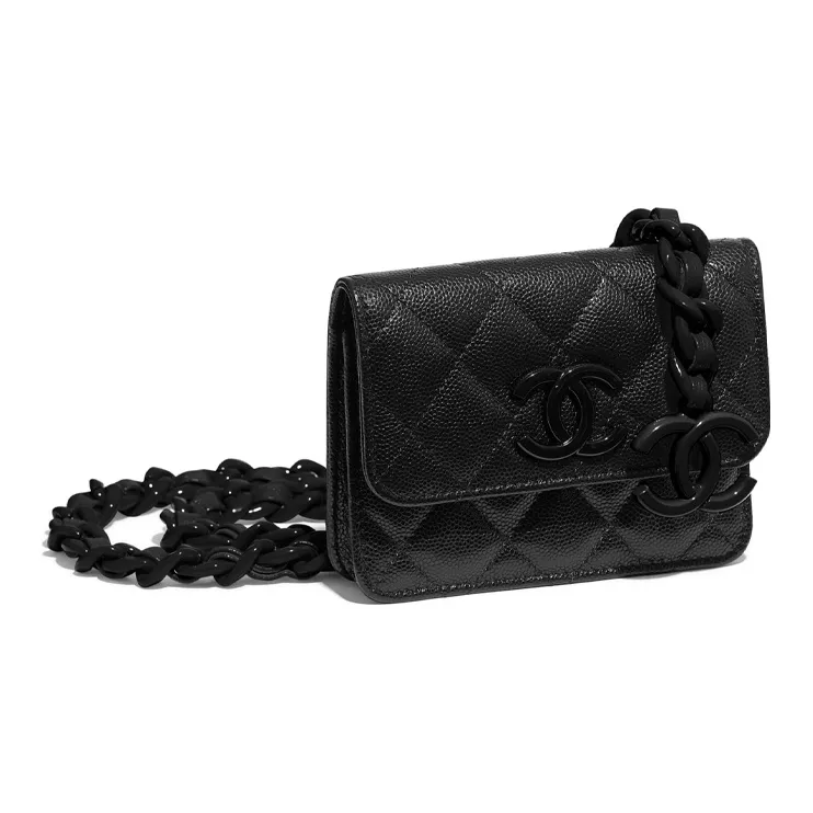 CHANEL Grain Calfskin And Metal Paint Business Card Holder Waist Chain Fanny Pack Women's Black-2