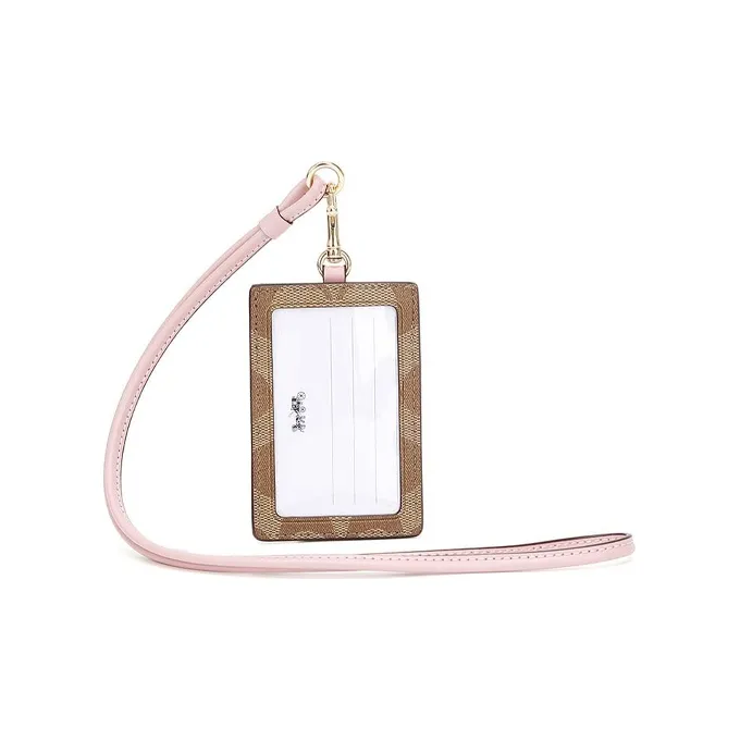 COACH Artificial Leather Card Sleeve Holder Women's Khaki With Light Pink Accents-1
