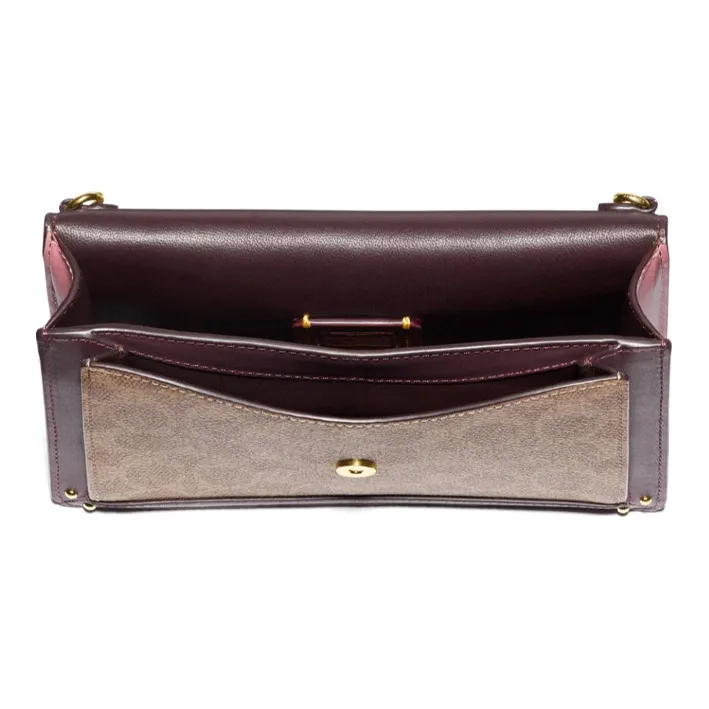 COACH Dreamer Coated Canvas With Leather Flap Shoulder Bag Crossbody Bag Small Size Women's Khaki Brown-2
