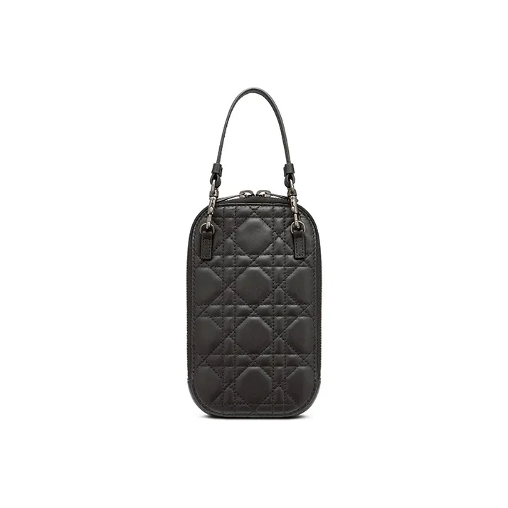 DIOR Lady Dior Sheepskin Cell Phone Pocket, One Shoulder Crossbody Portable Cell Phone Pouch Women's Black-2