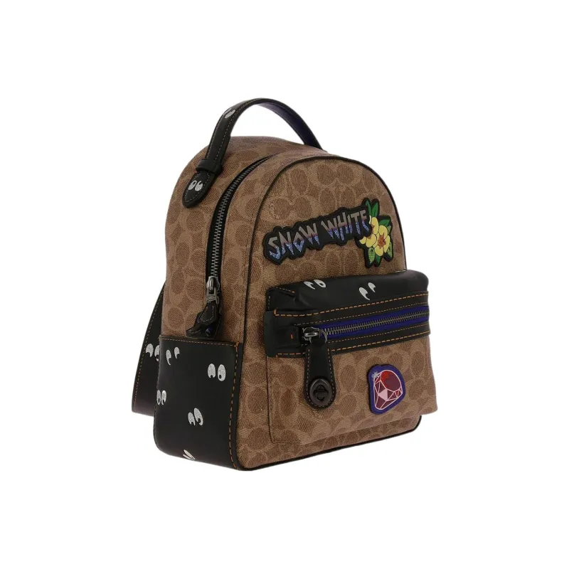 COACH X Disney Campus Antique Floral Coated Canvas With Leather Backpack Medium Size Women's Tan & Black-1