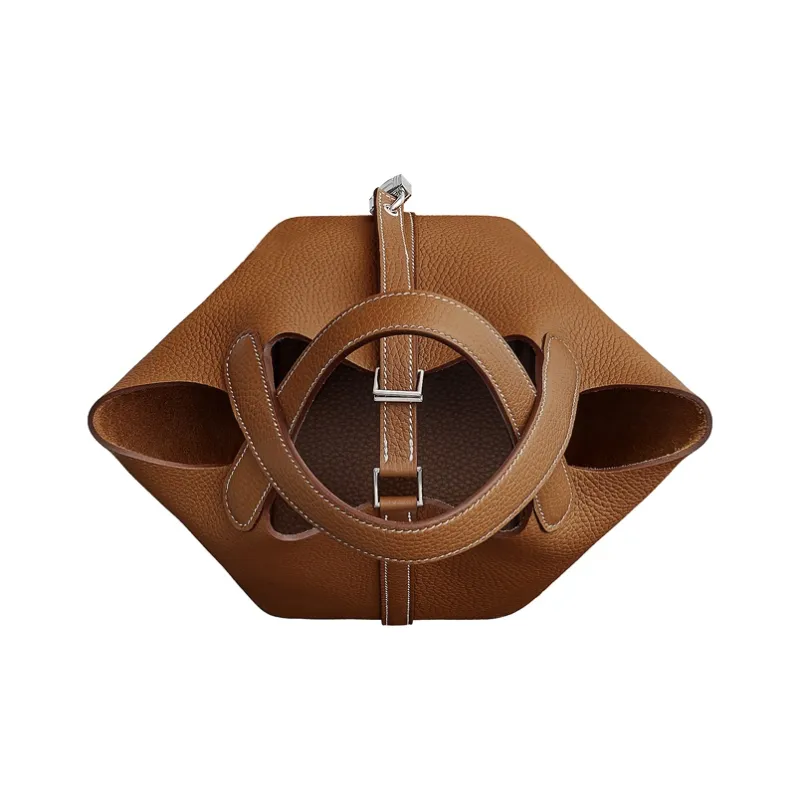 HERMES Taurillon Clemence Leather Bucket Bags Handbags Women's Gold Brown & Milkshake White-2