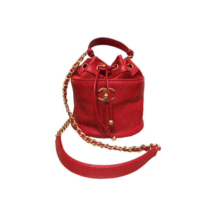 CHANEL Drawstring Grain Cow Leather Shoulder Bag, Crossbody Bag, Handbag Women's Red-0