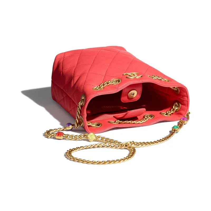 CHANEL Lambskin & Gold Metal & Multicolor Resin Chain Bag, Crossbody Tote, Shoulder Bag Women's Red & Multicolor-2