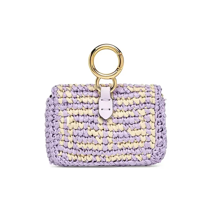 FENDI Baguette Straw Woven Chain Pendant Coin Purse, Crossbody Bag, Shoulder Bag Extra Mini Women's Light Purple-2