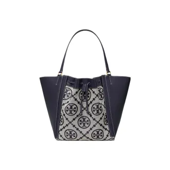 TORY BURCH T MonogramMcGraw Jacquard Leather Bucket Bag, Tote Bag, Shopping Bag, Handbag Large Size Women's Marine Blue