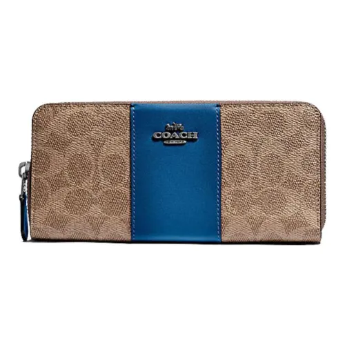 COACH Accordion Zip Cowhide Patchwork Canvas Wallet Women's Khaki Brown & Blue