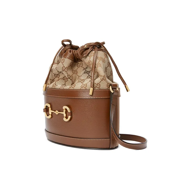 GUCCI Horsebit 1955 Canvas With Leather Bucket Bag, Shoulder Bag, Crossbody Bag Women's Brown-1