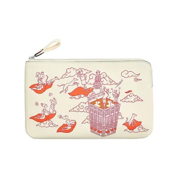 HERMES Carre Pocket Cow Leather Clutch Women's Gray White/Raspberry Red/Gray White