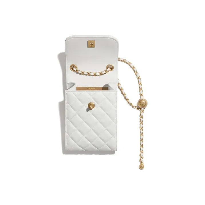 CHANEL Little Golden Ball Lambskin Chain Bag Cell Phone Pouch Women's White-3