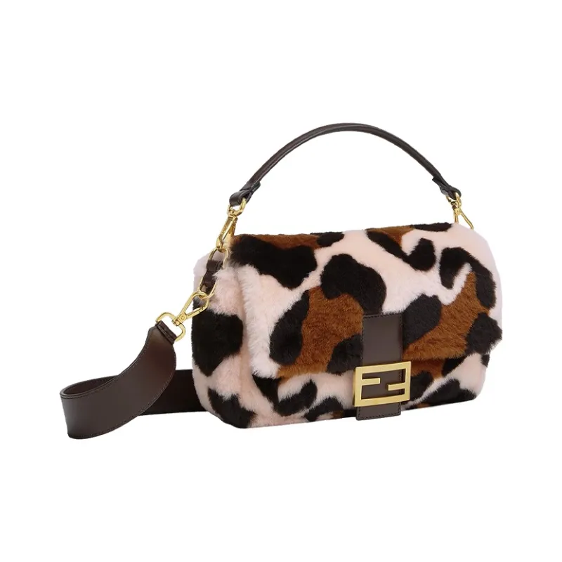 FENDI Baguette Sheepskin Cow Leather Patchwork Shoulder Bag Crossbody Bag Handbag Medium Size Women's Brown/Light Pink-1