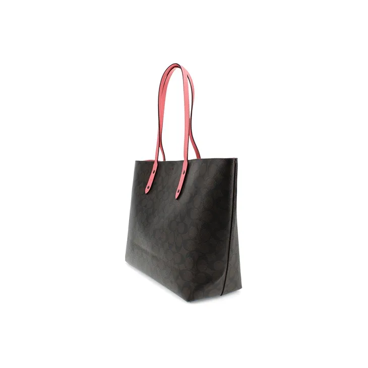 COACH Canvas With Leather Tote Large Size Women's Dark Khaki With Pink-1