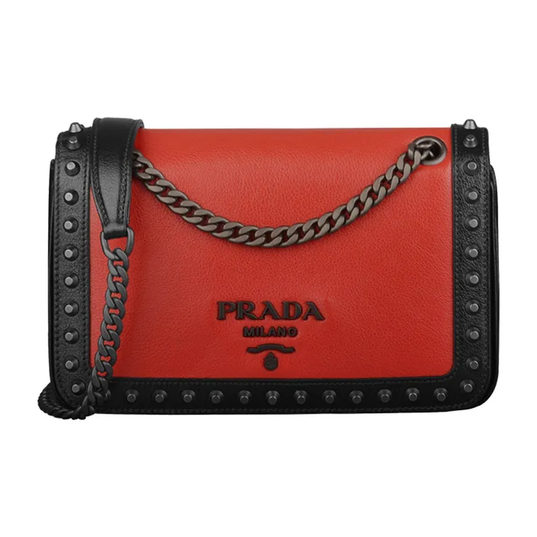 PRADA Leather Small Square Bag Crossbody Bag Shoulder Bag Women's Red & Black-0