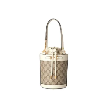 GUCCI Horsebit 1955 Canvas With Leather Bucket Bag, One Shoulder Handbag Trumpets Women's Ebony/White