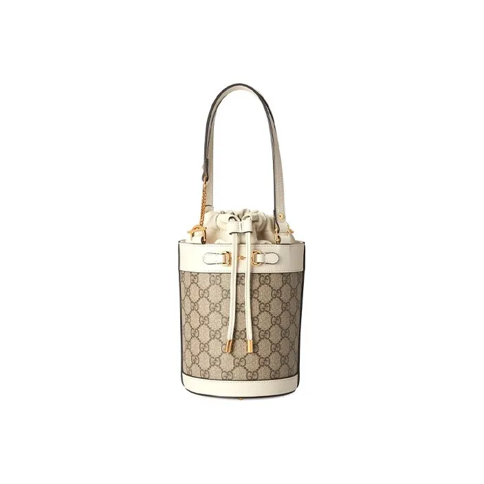 GUCCI Horsebit 1955 Canvas With Leather Bucket Bag, One Shoulder Handbag Trumpets Women's Ebony/White-0