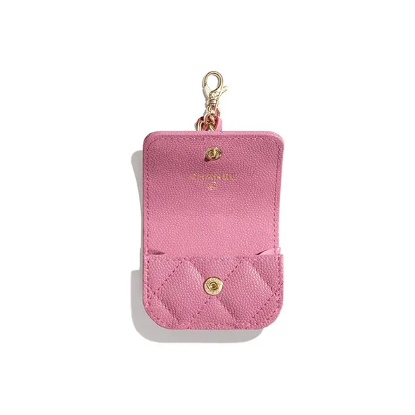CHANEL Grain Embossed Calfskin With Bright Lacquered Finish Gold Metal Earphone Case Women's Pink-1