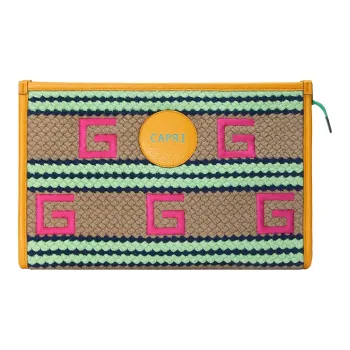 GUCCI Fabric With Leather Clutch Women's Yellow/Green/Pink