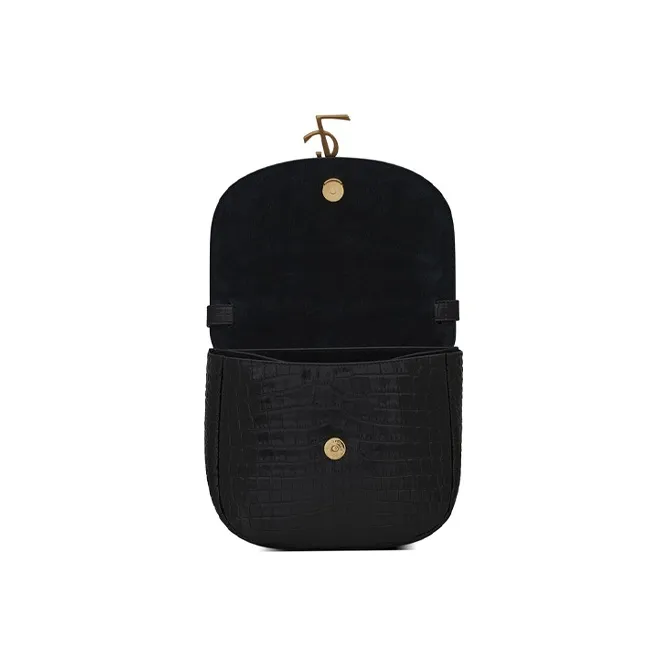SAINT LAURENT KAIA Shiny Crocodile Pattern Embossed Cow Leather Saddle Bag Crossbody Shoulder Bag Women's Black-5
