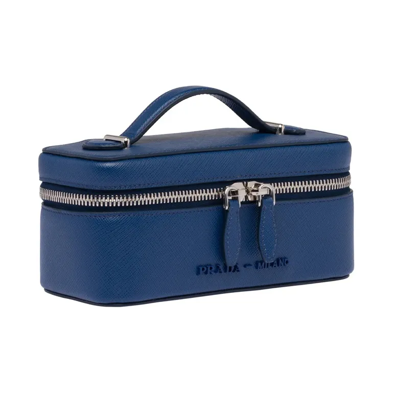 PRADA Saffiano Leather Toiletry Bag Small Size Women's Blue-1