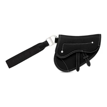 DIOR Litchi Grain Cow Leather Saddle Bag Clutch Coin Purse Unisex Black