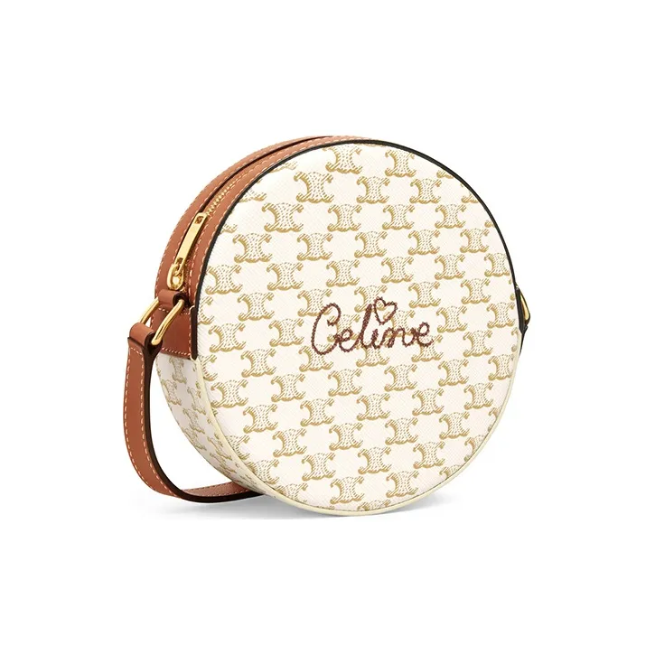 CELINE Sheepskin Artificial Leather Round Cake Bag Shoulder Bag Crossbody Bag Mini Women's White-1