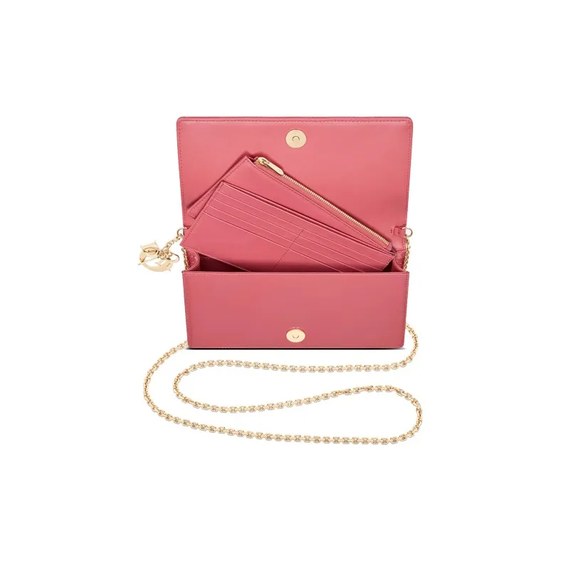 DIOR Lady Dior Cow Leather Card Holder Coin Purse One Shoulder Crossbody Clutch Women's Thistle Pink-1
