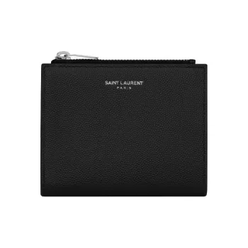 SAINT LAURENT Grain Embossed Leather Zip Closure Foldable Card Holder, Wallet Unisex Black