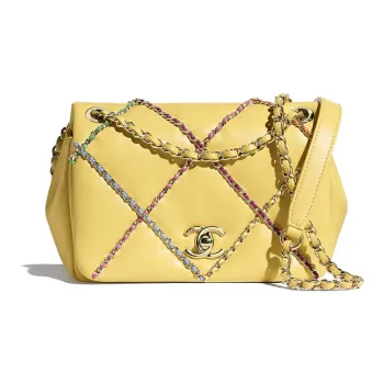 CHANEL 19Bag Lambskin & Metal Crossbody Handbag, Shoulder Bag Large Size Women's Yellow