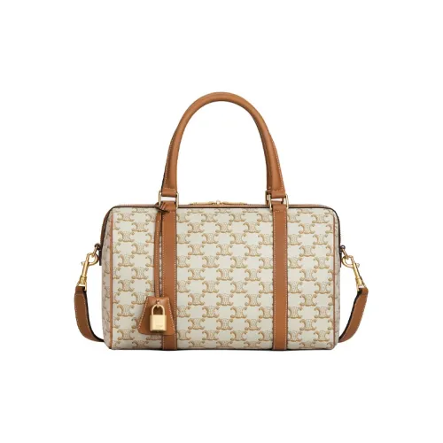 CELINE Triomphe Canvas And Calfskin Boston Bag Shoulder Bag Travel Bag Handbag Unisex White/Tawny