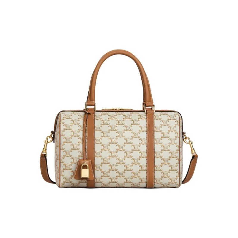 CELINE Triomphe Canvas And Calfskin Boston Bag Shoulder Bag Travel Bag Handbag Unisex White/Tawny-0