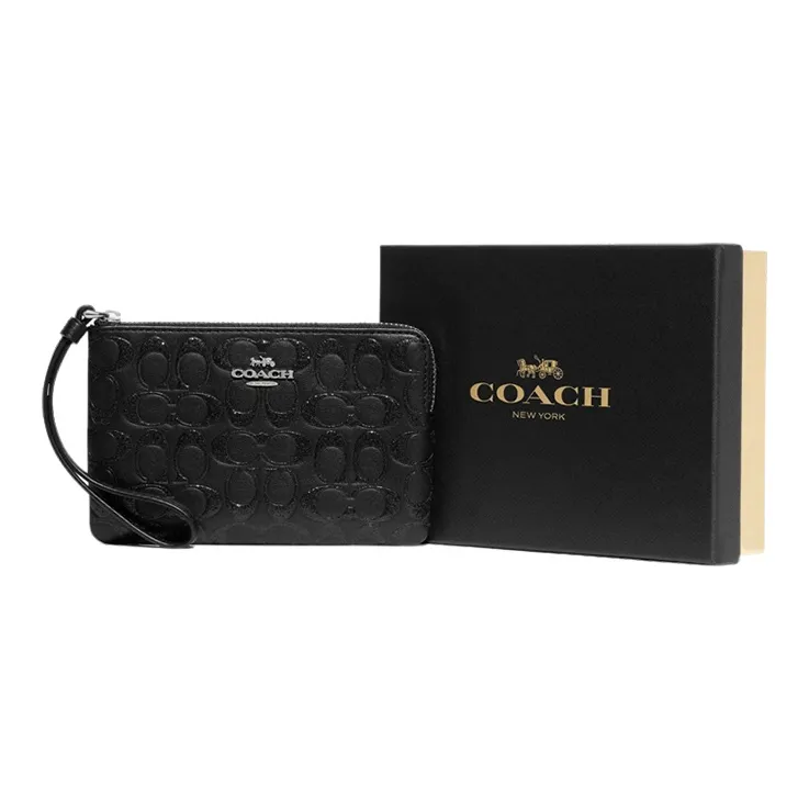 COACH Boxed Leather Coin Purse Mahjong Clutch Small Size Women's Black-0