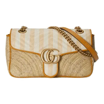 GUCCI Marmont Raffia Patchwork Leather Crossbody Bag Shoulder Bag Small Size Women's Natural Multicolor