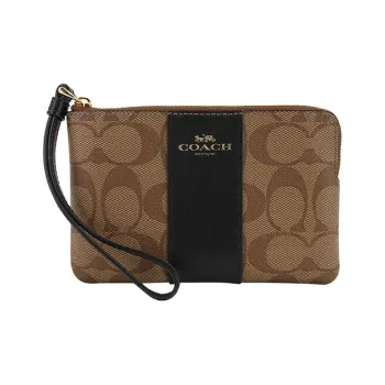 COACH Corner Zip Leather Mahjong Bag Clutch Coin Wrist Wallet Small Size Women's Black & Brown