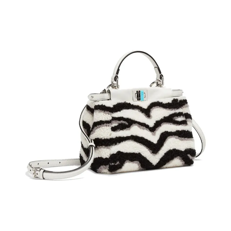 FENDI Peekaboo Sheepskin Shoulder Bag Crossbody Bag Handbag Small Size Women's White/Black/Gray-1