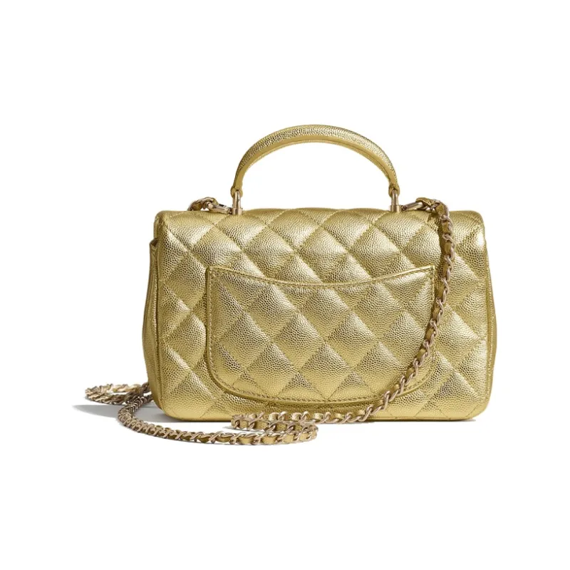 CHANEL Classic Flap CF Metallic Grain Calfskin & Metal Portable Crossbody Bag, Shoulder Bag Women's Gold-1