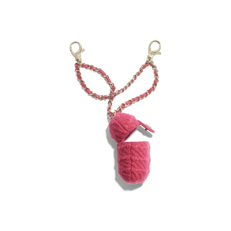 CHANEL Wool Twill Soft Woolen With Gold Metal Earphone Case Women's Raspberry Pink-2