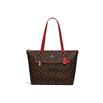 COACH Canvas With Leather Tote Bag Shopping Bag Handbag Shoulder Bag Women's Dark Brown & Red