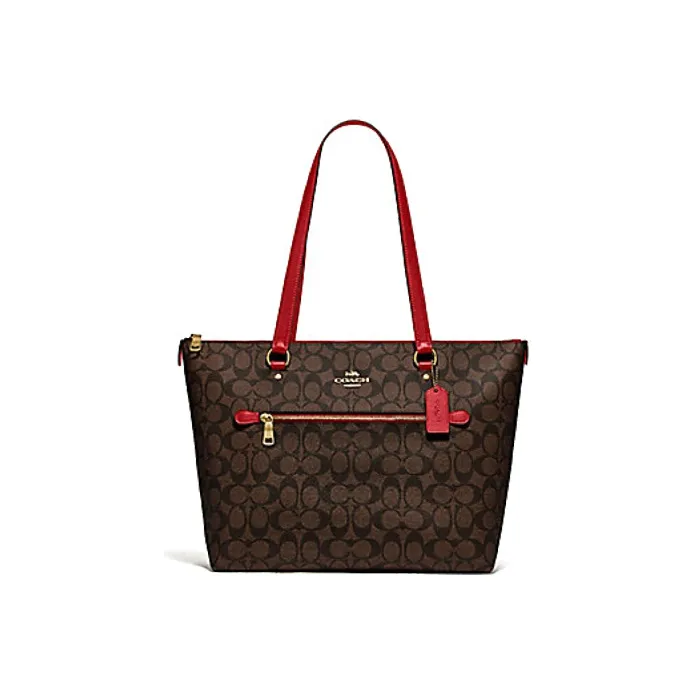 COACH Canvas With Leather Tote Bag Shopping Bag Handbag Shoulder Bag Women's Dark Brown & Red-0
